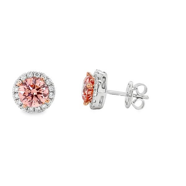 lab grown pink diamond studs  round shape in halo setting with white diamonds in white gold front and side picture