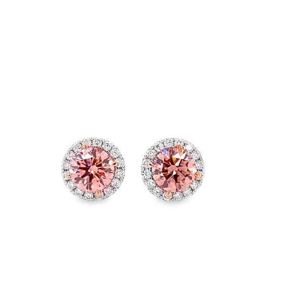 lab grown pink diamond studs  round shape in halo setting with white diamonds in white gold