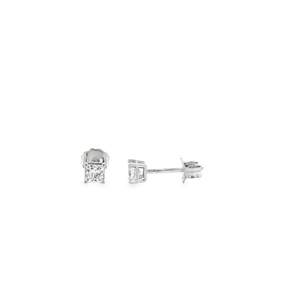 Lab Grown princess cut DIamond Studs White Gold Front and Side Picture 