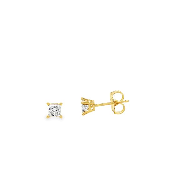 Lab Grown princess cut Diamond Studs Yellow  Gold Front and Side Picture 