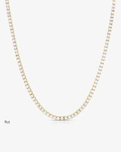 lab grown Diamond tennis necklace on a white background in 14k yellow gold 