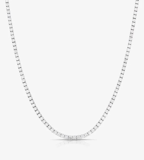 lab grown Diamond tennis necklace on a white background in 14k white gold 