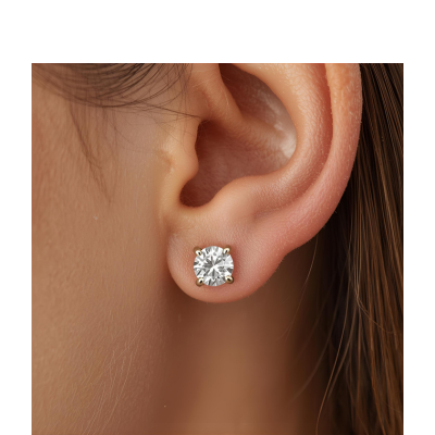 lab grown diamond studs in 14k yellow gold on ear