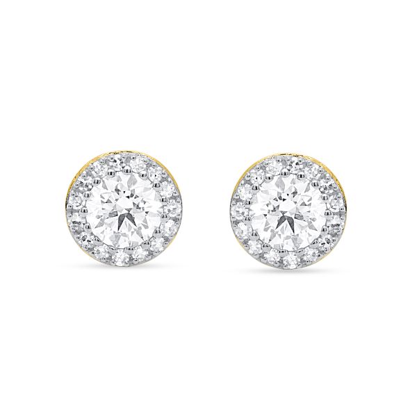 lab grown studs in halo setting in yellow gold